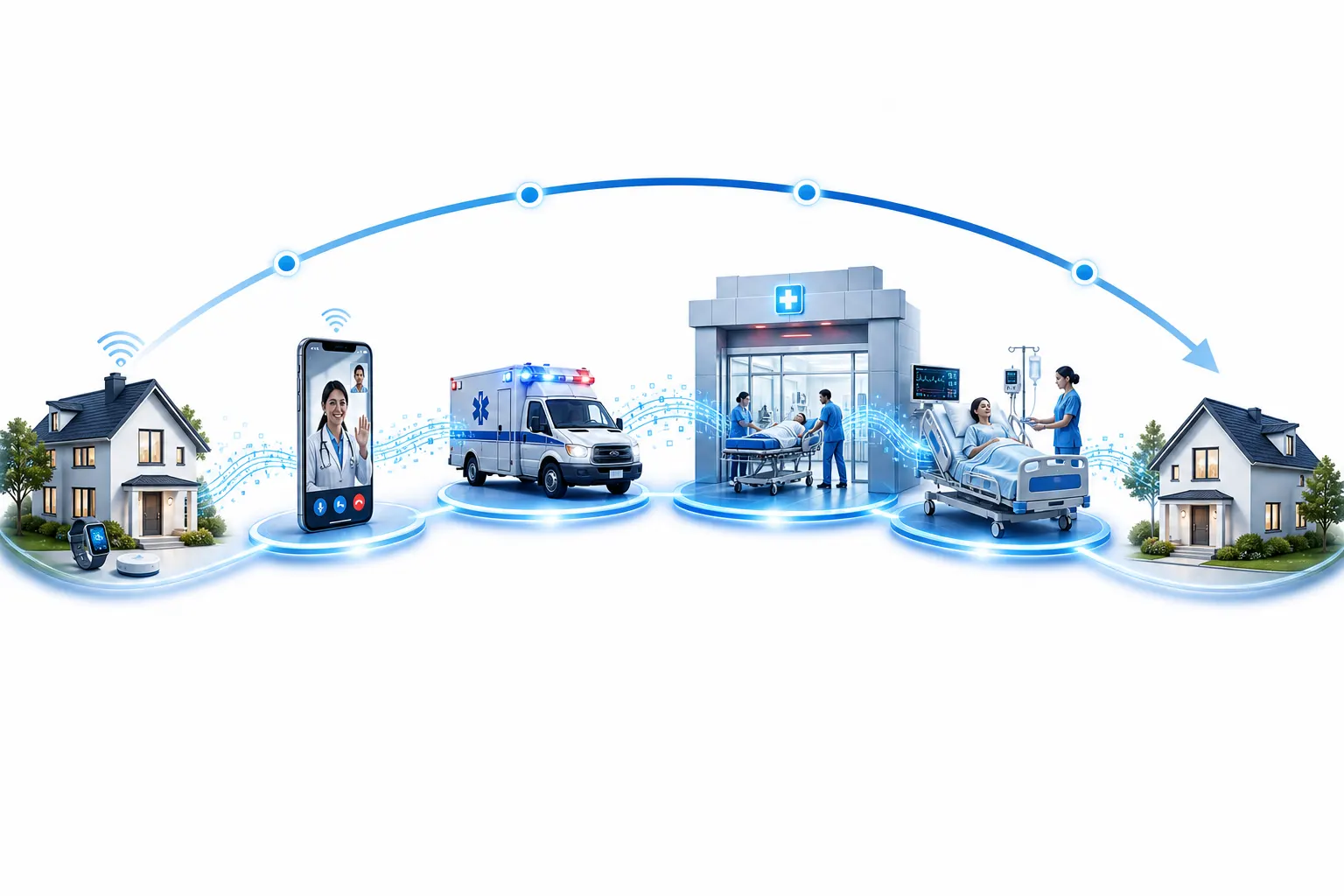Complete patient journey illustration: home monitoring, telemedicine, ambulance, emergency triage, hospital treatment, and home recovery connected by data flows