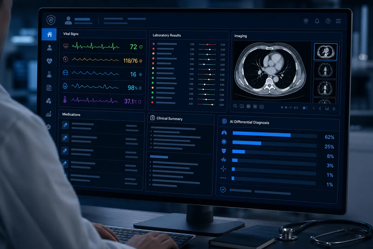 Physician reviewing AI diagnosis support dashboard showing integrated vital signs, lab results, imaging and differential diagnosis probabilities