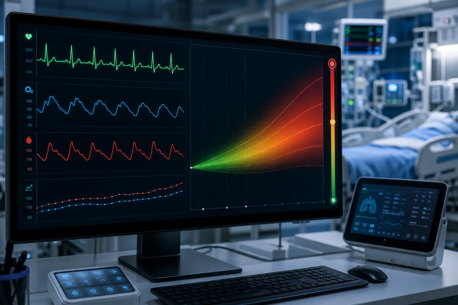 ICU monitoring station with AI deterioration prediction cone showing rising risk trajectory from green to red