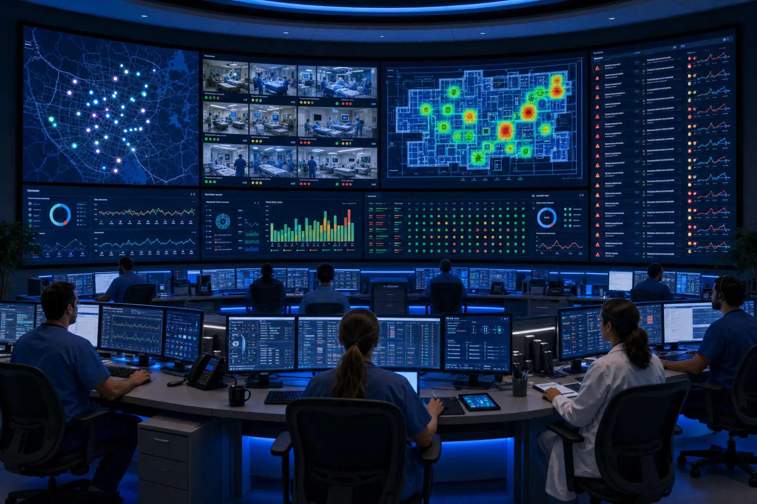 Hospital command center with multi-screen AI dashboards showing real-time patient census, OR status and ICU heatmaps