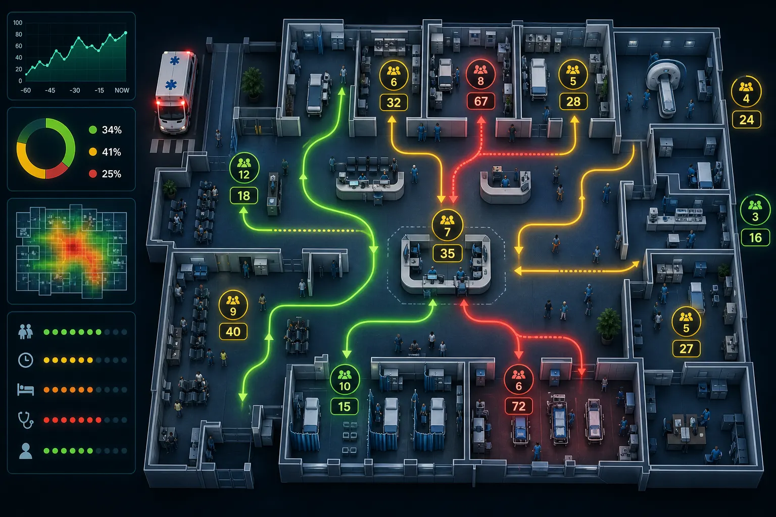 AI-powered hospital floor plan showing colour-coded patient flow paths and queue indicators