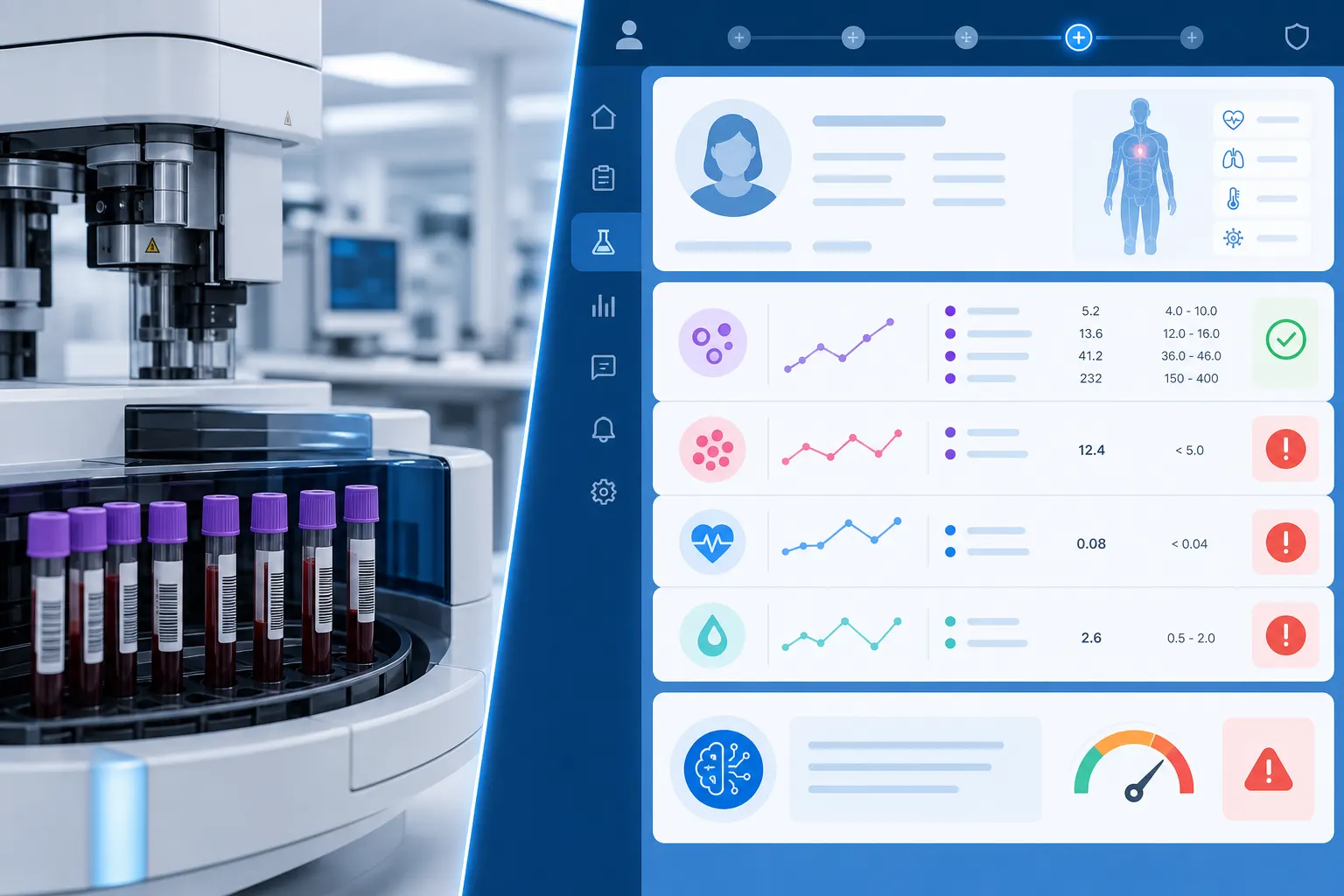 Laboratory information system integration with AI triage: blood analyzer on left, automated triage dashboard on right showing flagged lab values