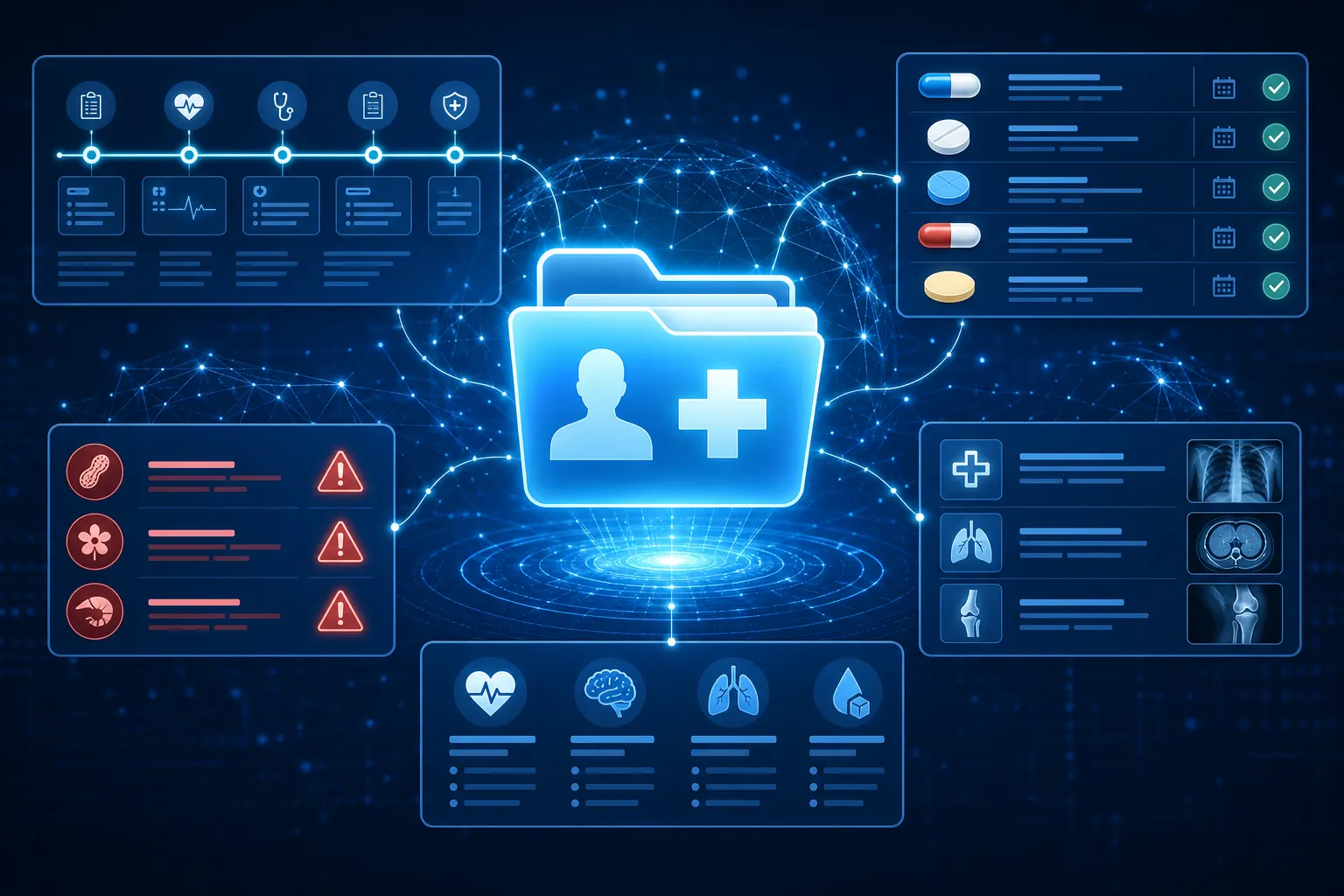 AI-powered patient medical folder showing linked medical history, medications, allergies and imaging records
