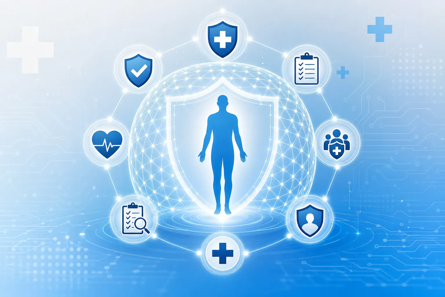 Patient safety concept showing human silhouette surrounded by AI shield icons, diagnostic checklists and protective barriers