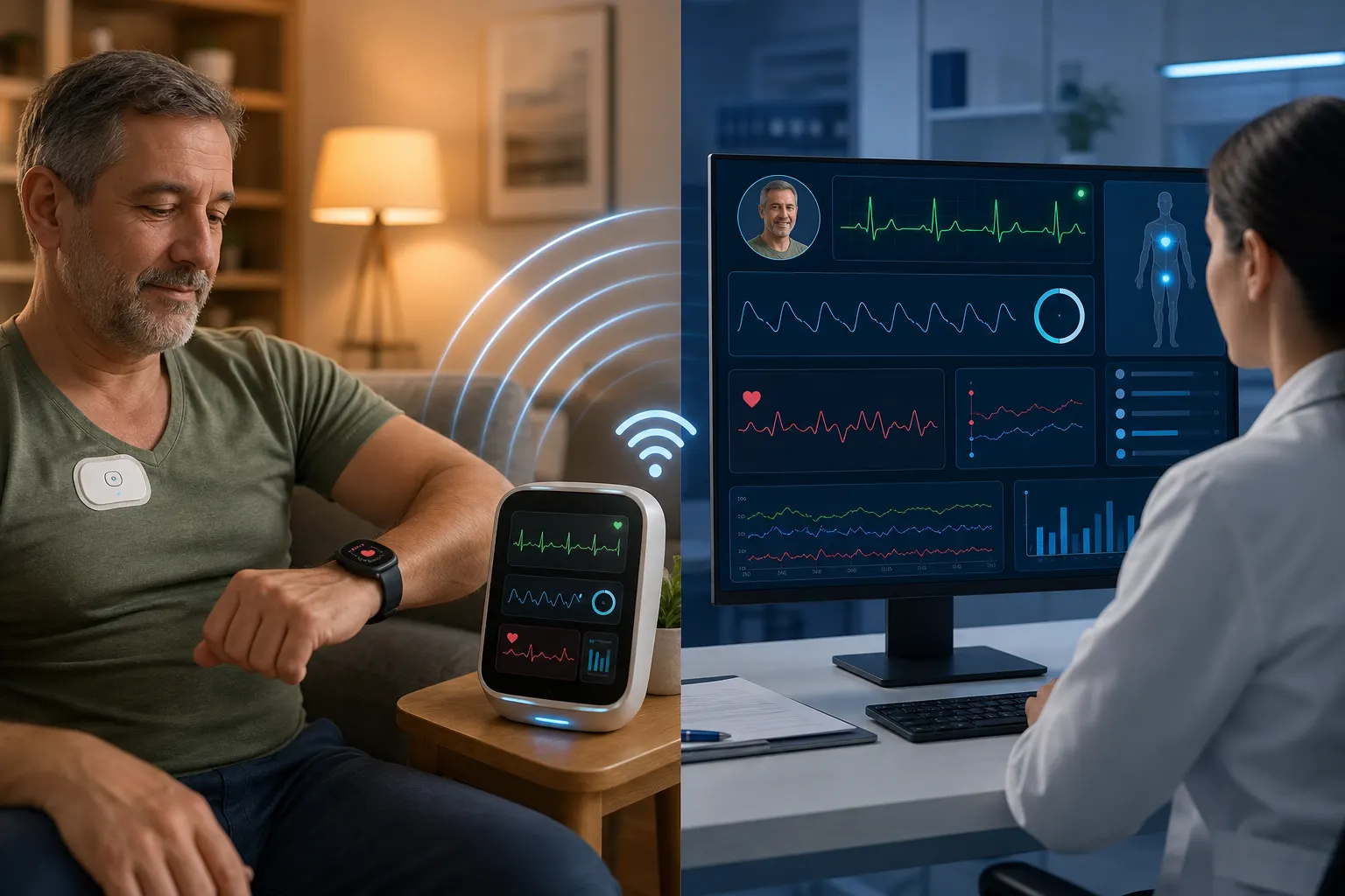 Patient at home with wearable monitoring devices transmitting vital signs to a remote telemedicine clinical dashboard