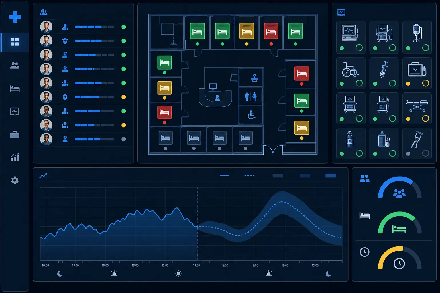 AI emergency department resource management dashboard showing staff roster, bed map, equipment tracking and demand forecast