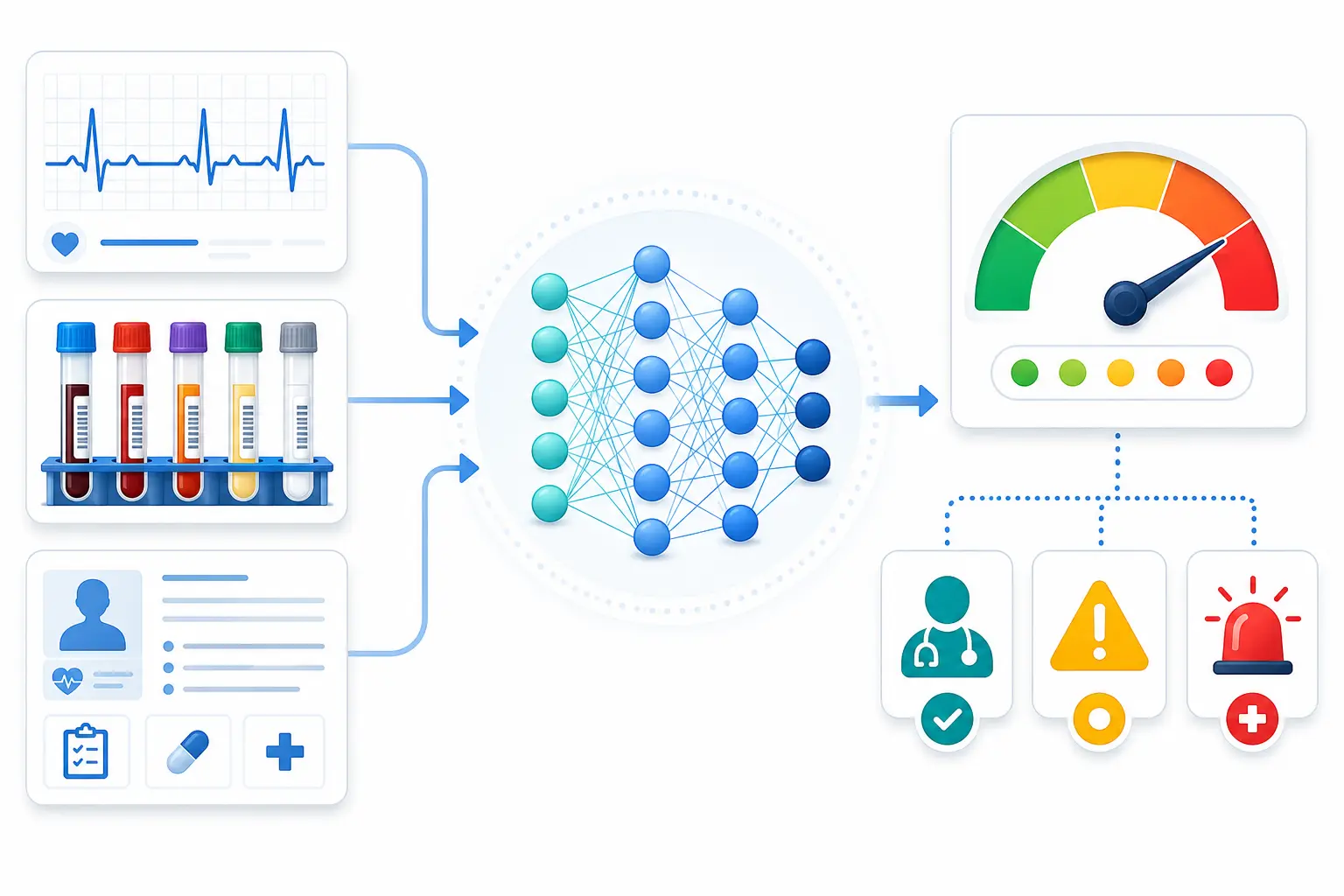 AI machine learning pipeline for medical risk stratification showing data inputs, neural network, and clinical alert outputs