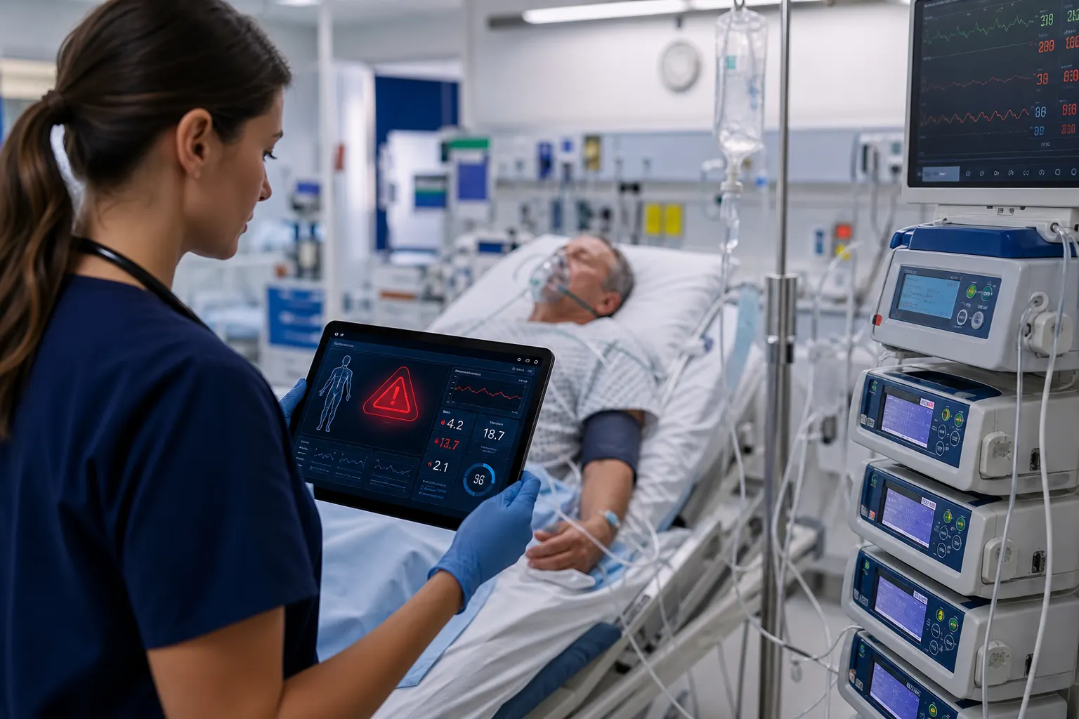 Nurse reviewing AI sepsis alert on a tablet in the emergency department