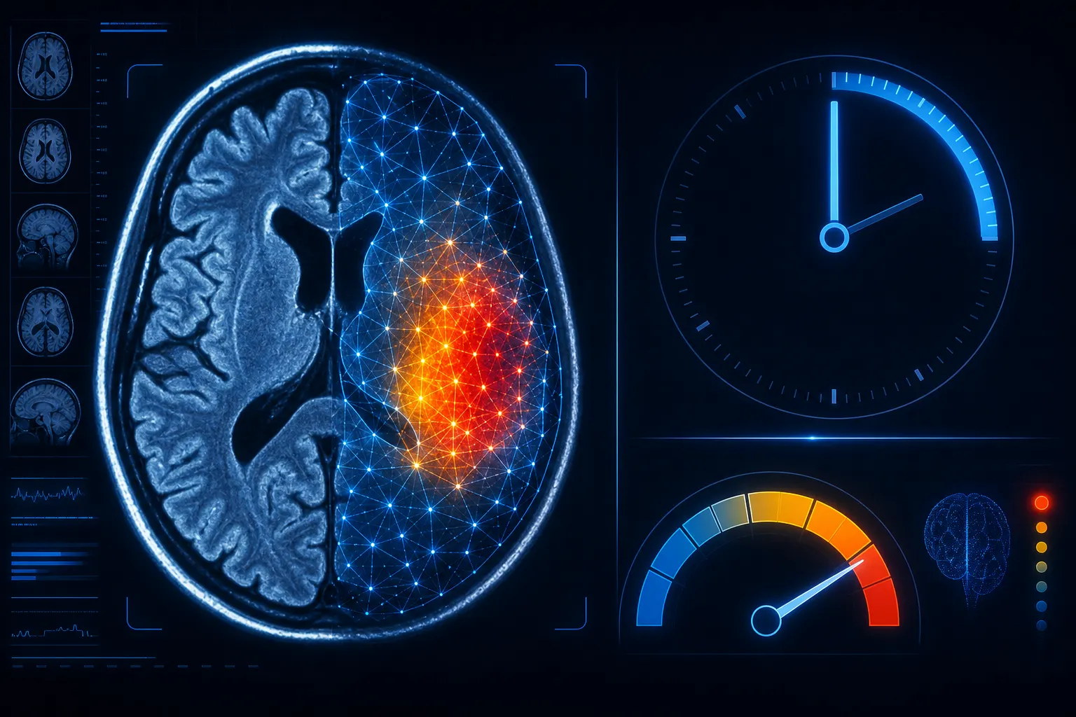 AI-powered brain MRI analysis with ischemic penumbra highlighted and door-to-needle time indicator