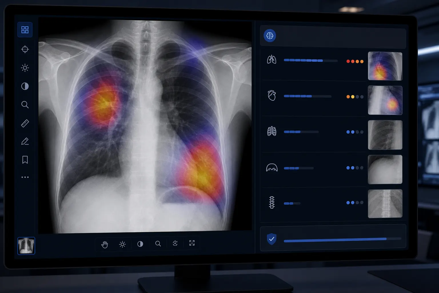 AI chest X-ray analysis on radiology workstation with Grad-CAM heatmap overlay and structured findings panel