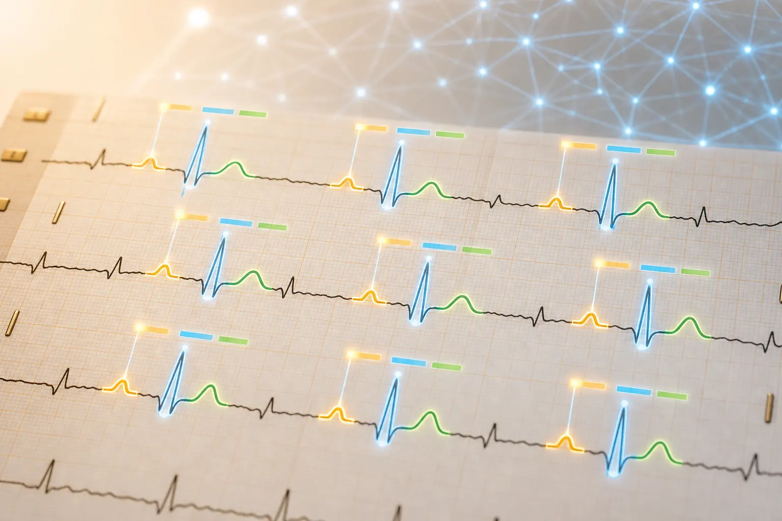 AI neural network analysis overlaid on a 12-lead ECG highlighting key waveform segments in colour