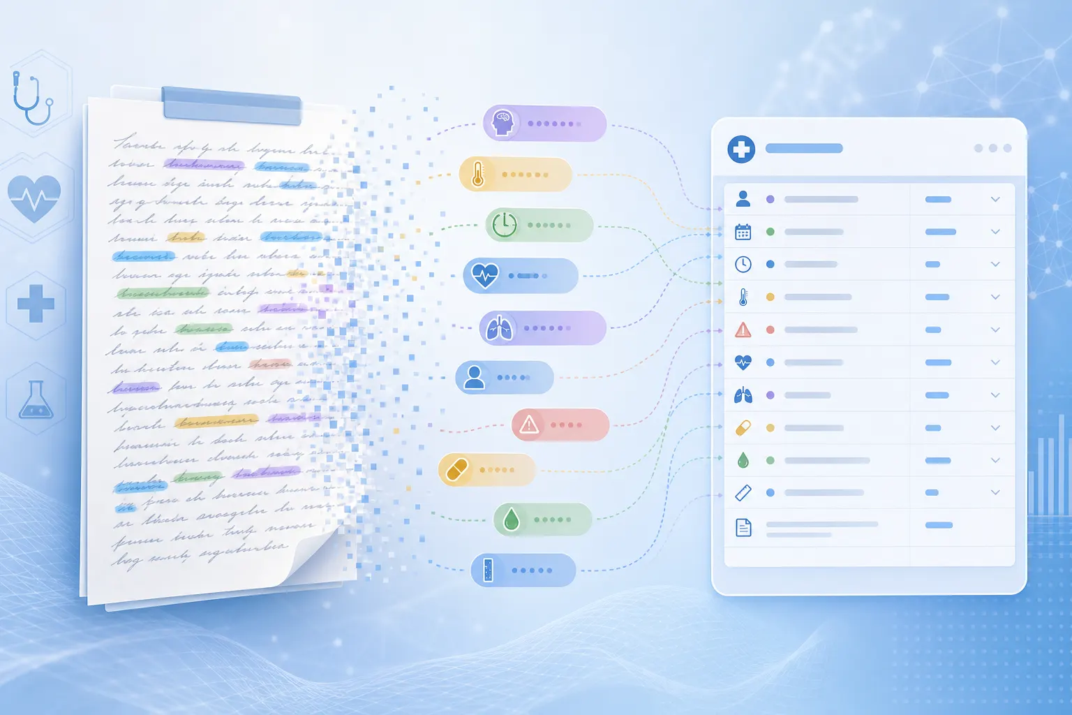 Clinical NLP pipeline: handwritten notes transformed into structured medical entities and a structured EHR output