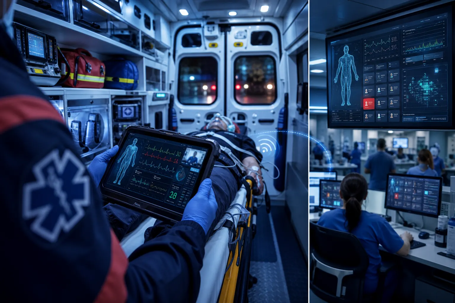 Prehospital AI Ambulance Telemedicine Paramedic using AI telemedicine tablet in ambulance with live data transmitted to hospital ED triage dashboard