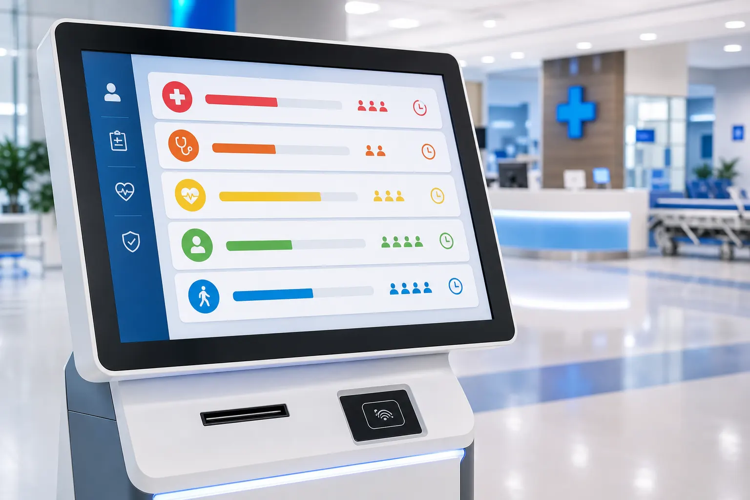Digital triage kiosk in a modern hospital ED lobby showing colour-coded priority queue management